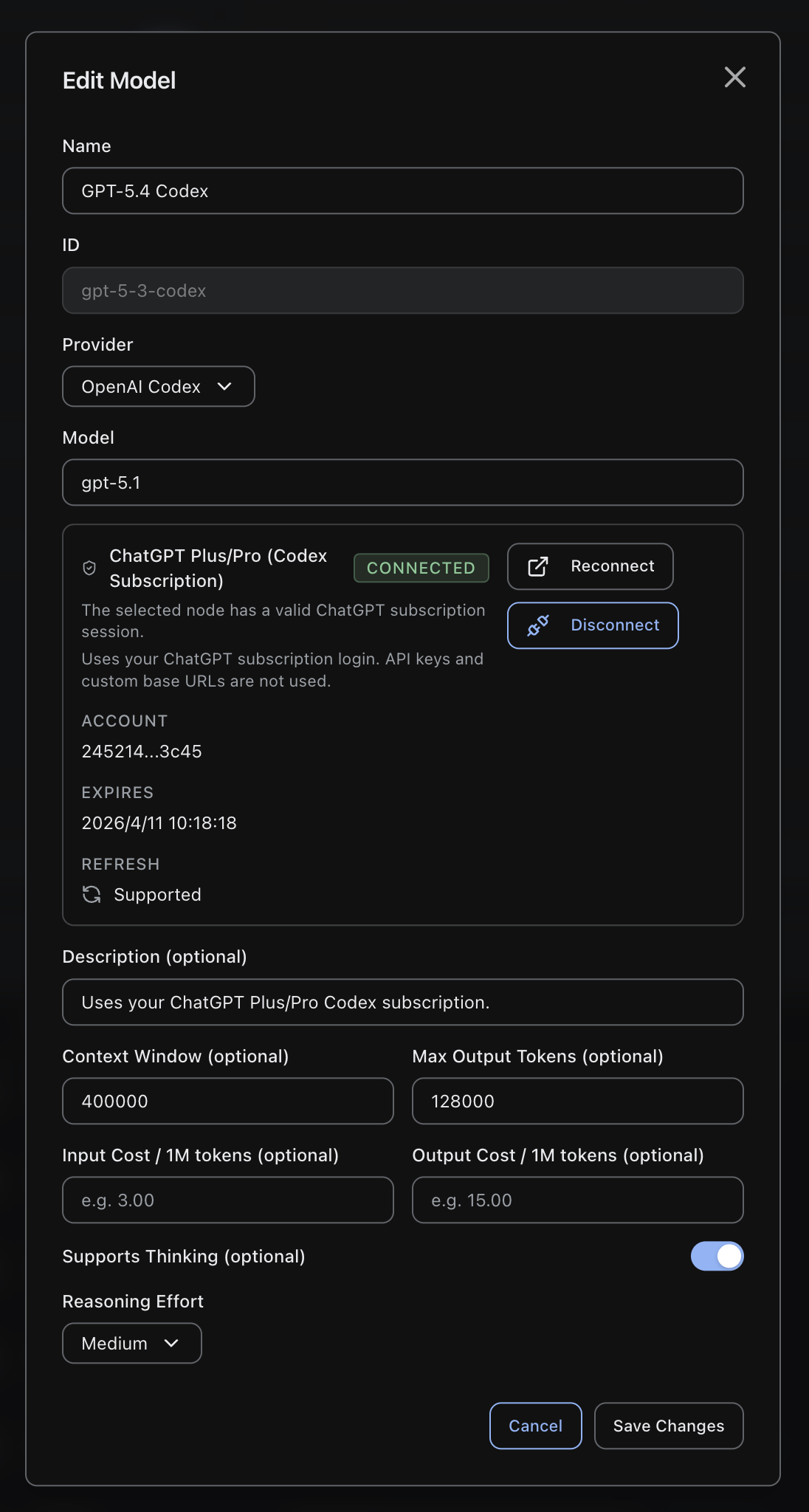 Screenshot of the OpenAI Codex provider card in agent settings, showing connection status and account ID