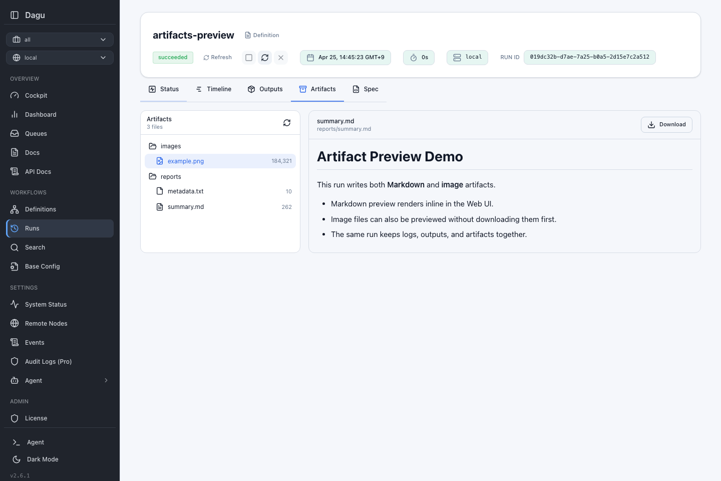 Artifacts tab previewing a markdown artifact