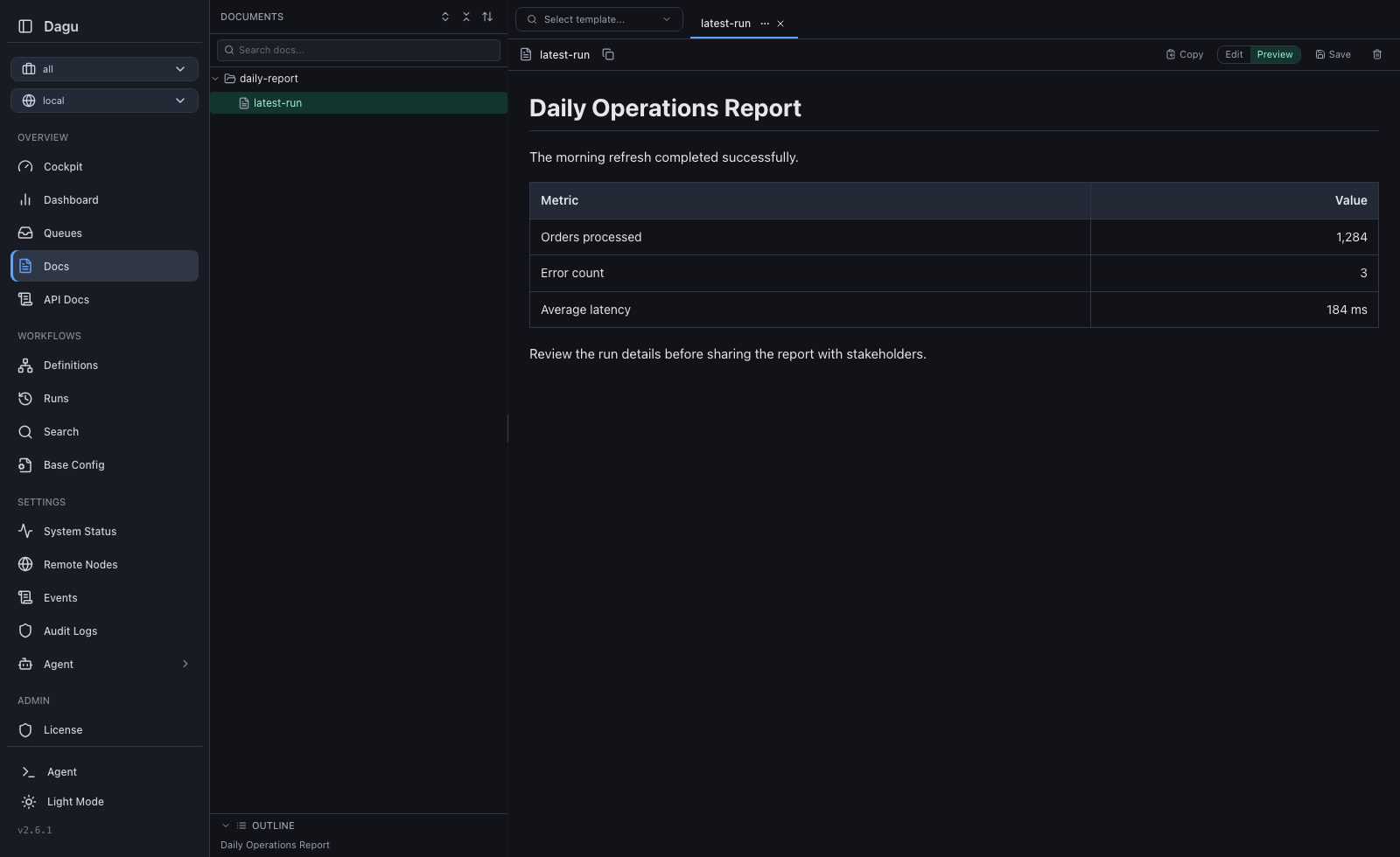 Documents editor with file tree, Markdown preview, and outline