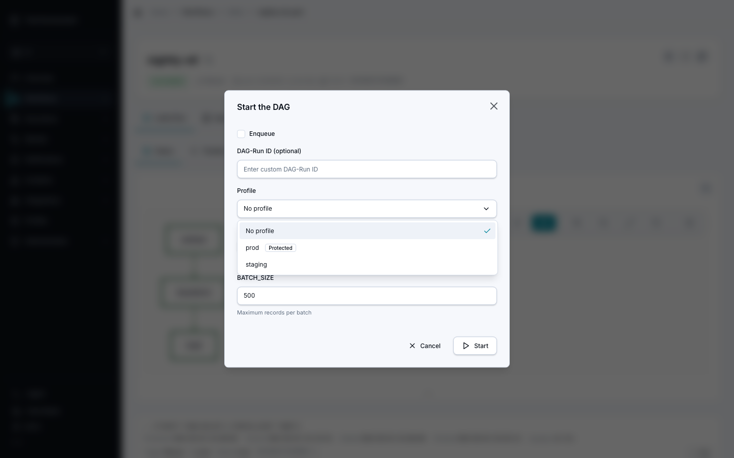 Start DAG dialog showing the runtime profile selector