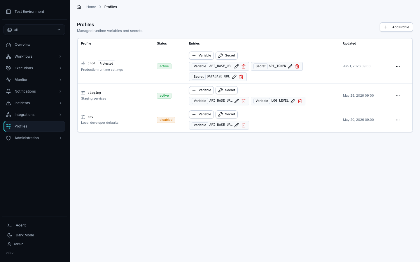 Profiles page showing runtime profiles and their variable and secret entries